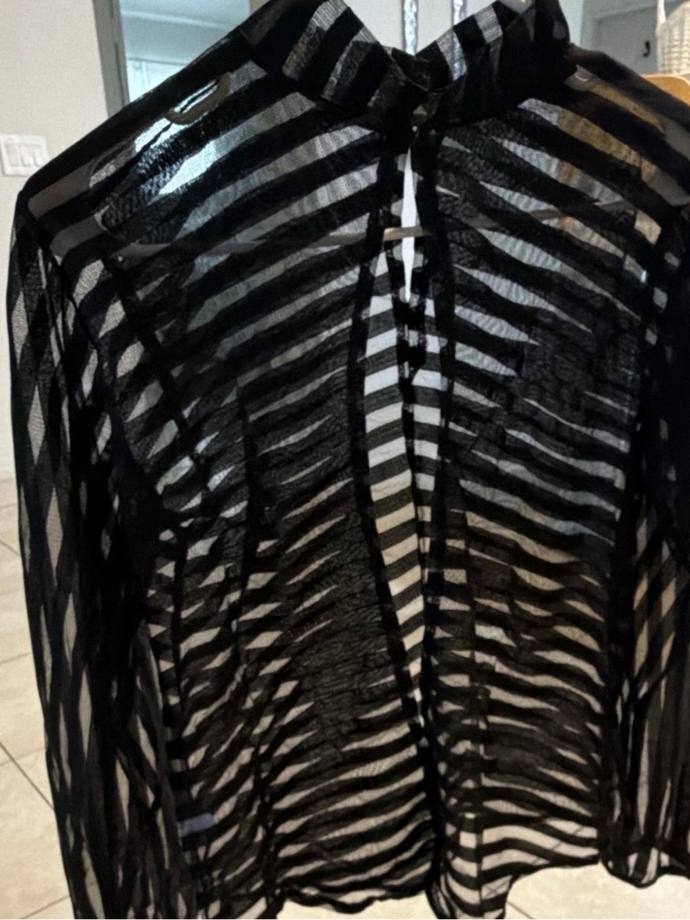 Black Sheer Striped Tie-Neck Blouse - Lightweight Women’s Top